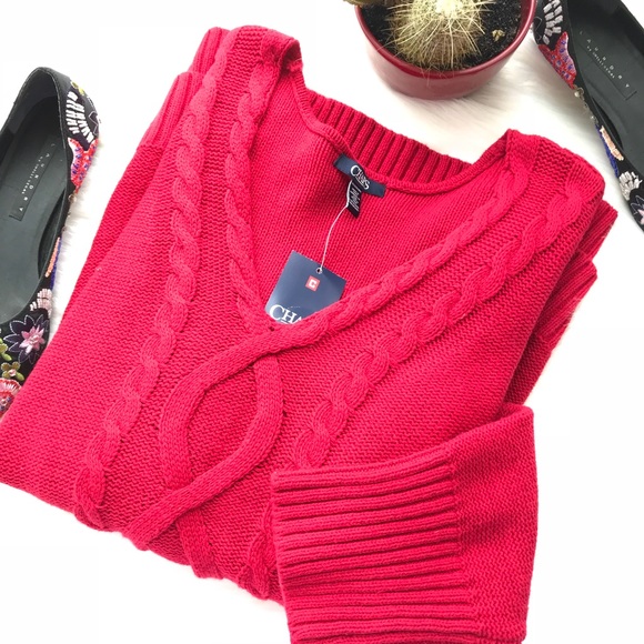 Chaps Sweaters - Chaps Rich Red Cotton Blend V Neck Cable Sweater